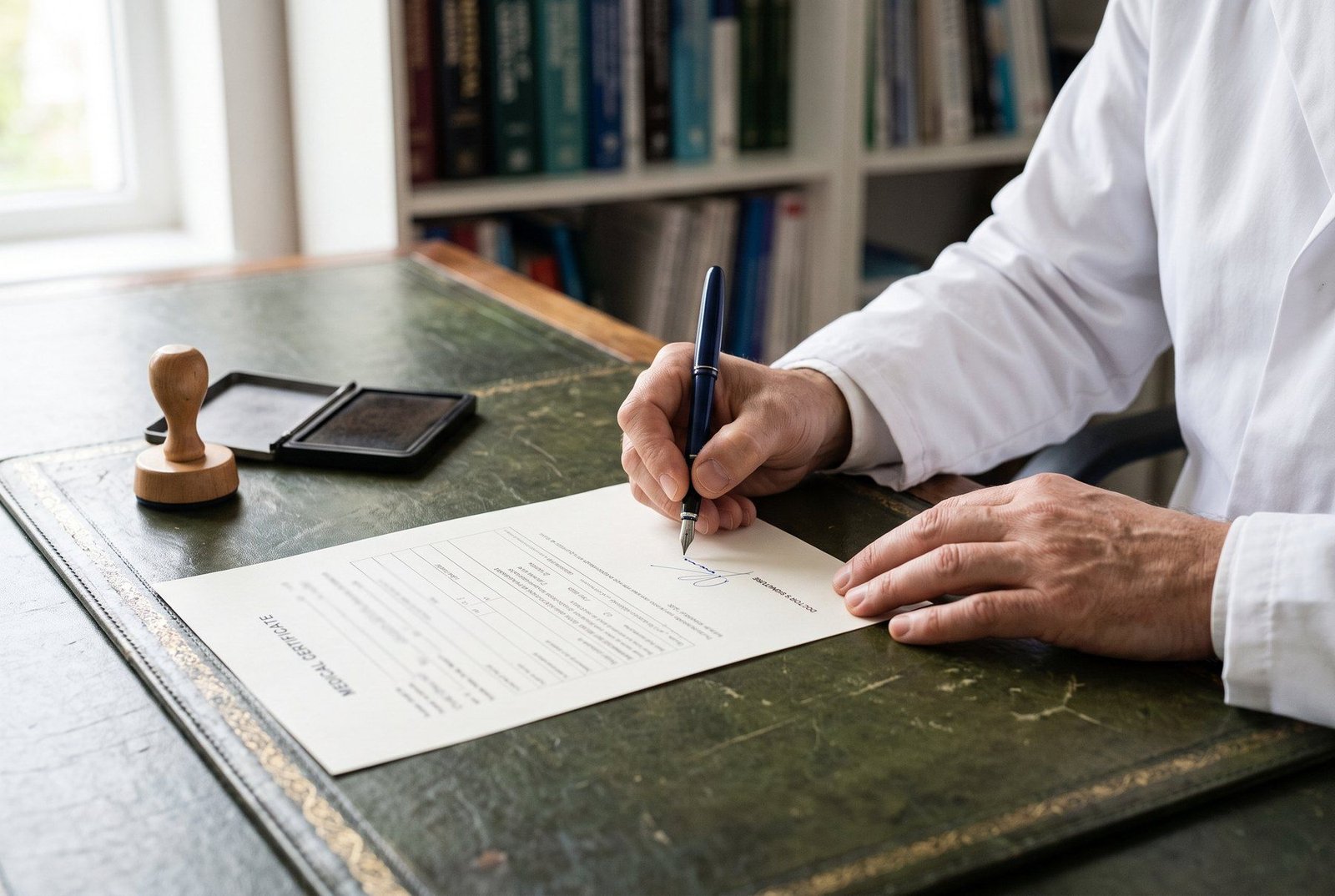 Mão de médico assinando um documento, com carimbo ao lado