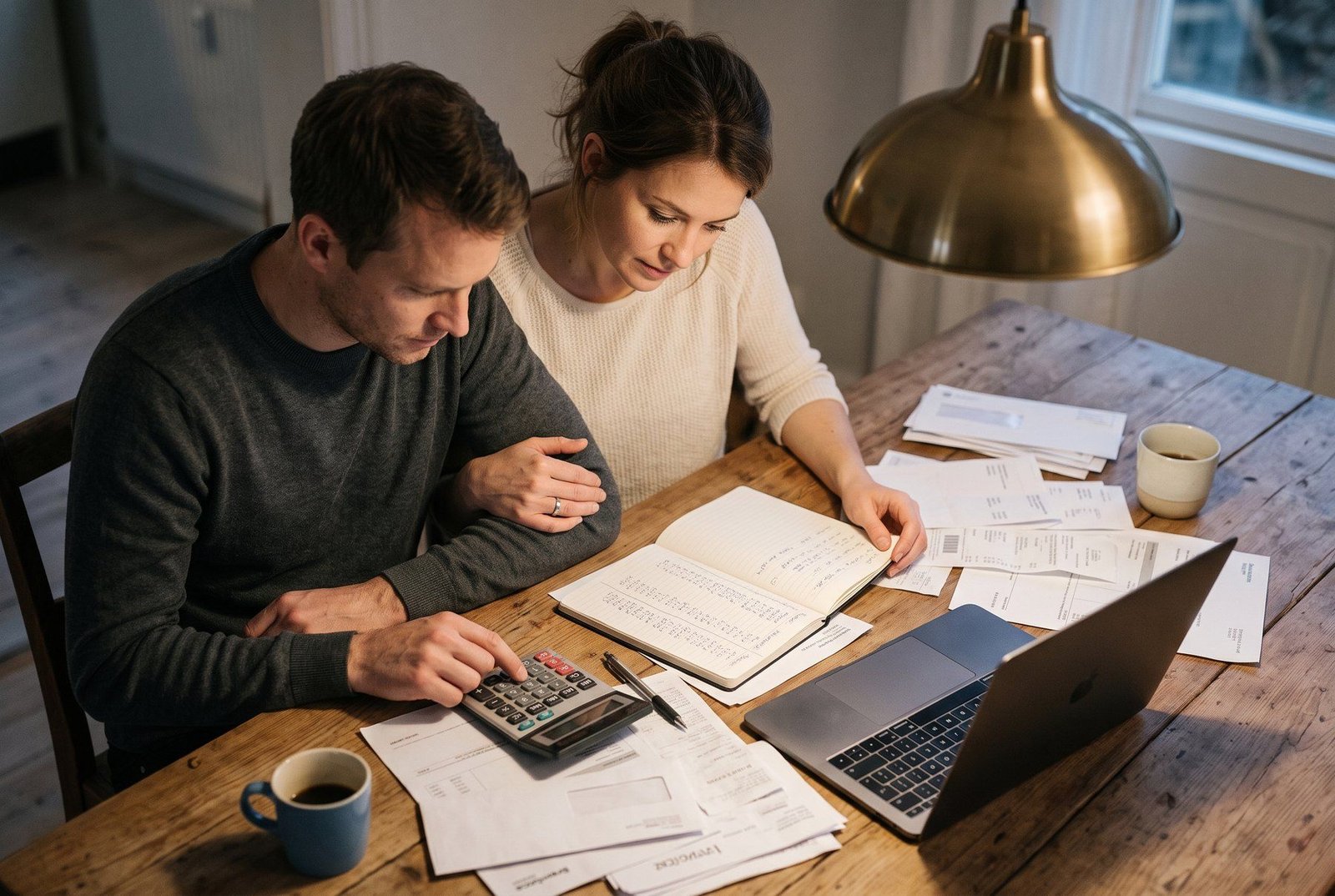 Casal organizando contas em uma mesa, com calculadora e caderno