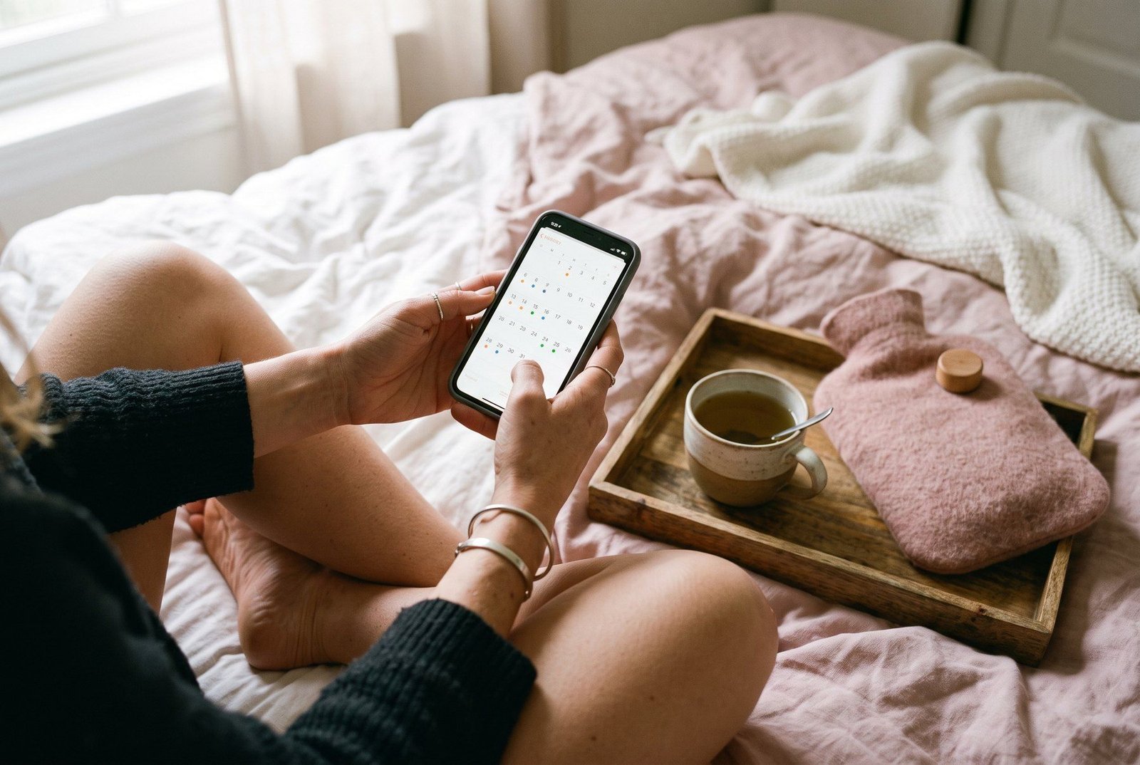 Mãos segurando um celular com um calendário, ao lado de uma xícara de chá