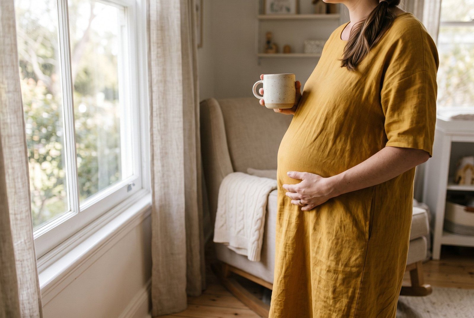 Gestante de perfil junto à janela, com a mão na barriga