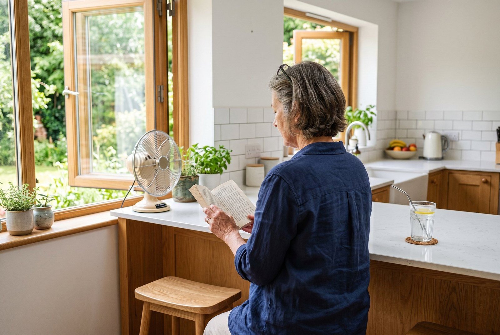 Mulher lendo na bancada da cozinha, ao lado de um ventilador