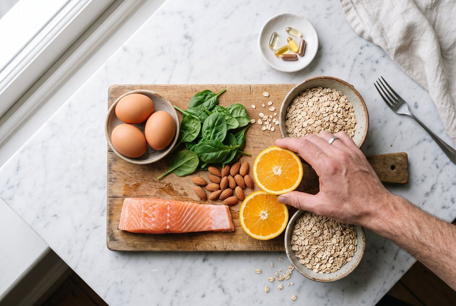 Alimentos frescos e cápsulas de suplemento sobre uma bancada