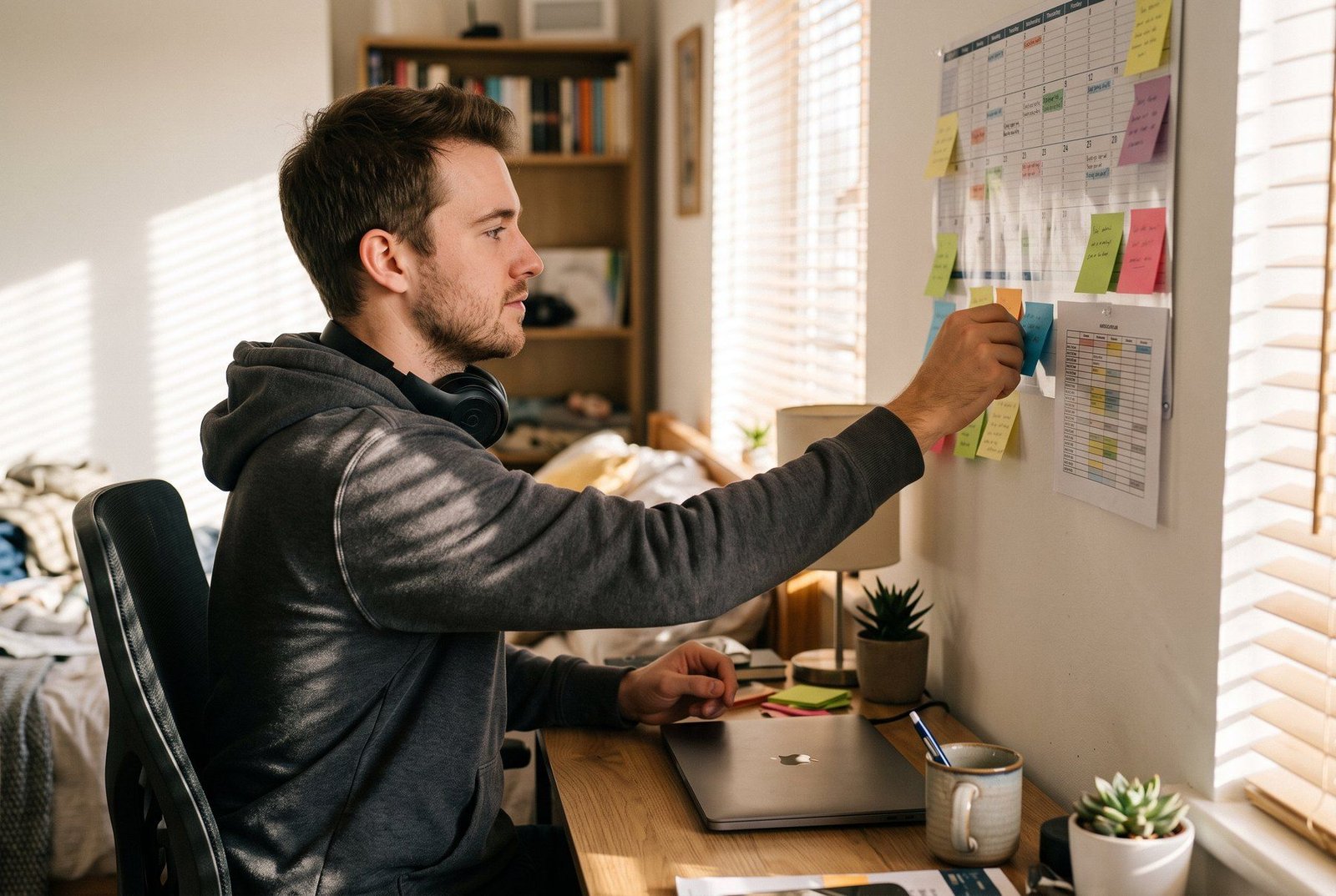 Homem colando um lembrete em um planejador semanal na parede