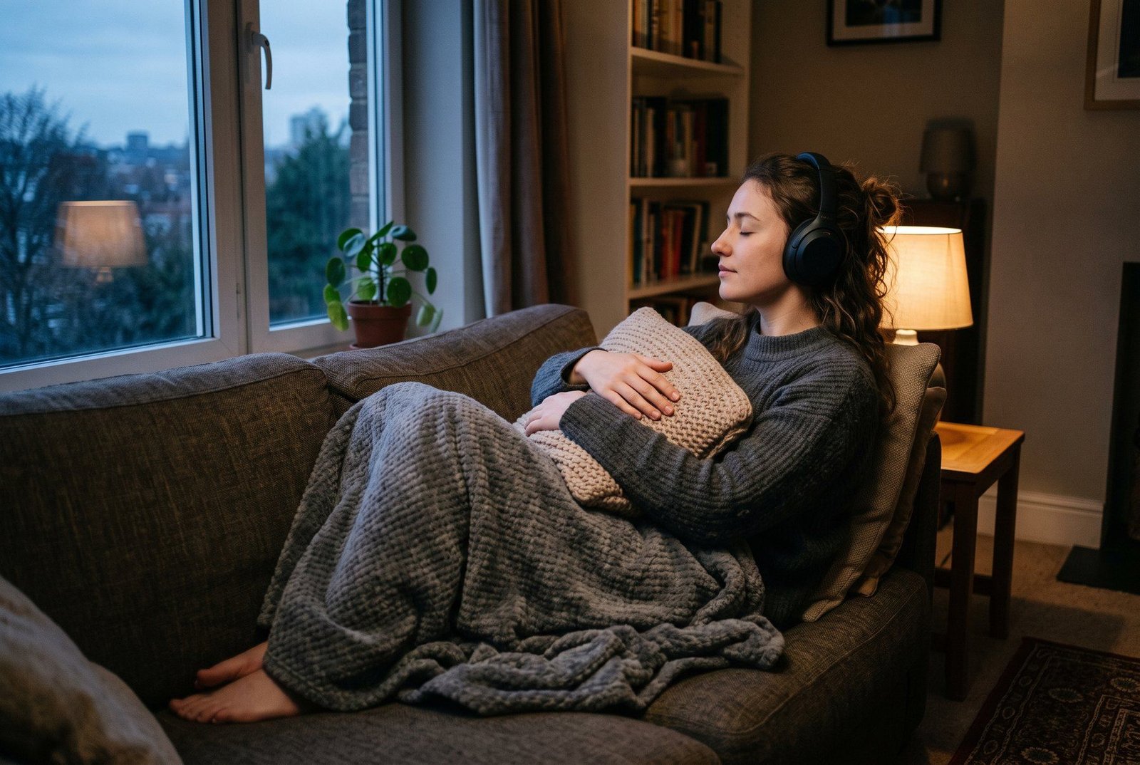 Mulher de fones de ouvido descansando no sofá, de olhos fechados
