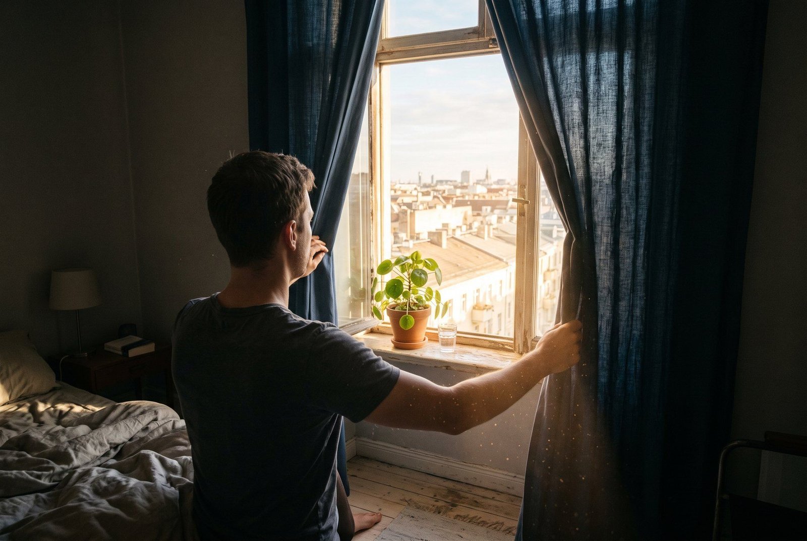 Homem abrindo a cortina do quarto pela manhã