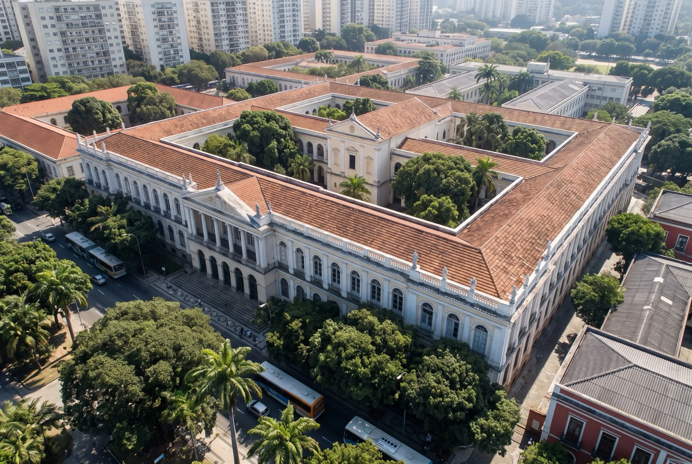Vista aérea do Palácio Universitário da UFRJ, campus Praia Vermelha