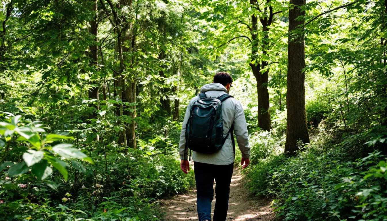 Uma pessoa está caminhando em um ambiente natural ao ar livre, cercada por árvores e vegetação, promovendo um estilo de vida saudável e bem-estar. A cena transmite uma sensação de tranquilidade e conexão com a natureza, que pode ajudar na qualidade de vida e na saúde mental.