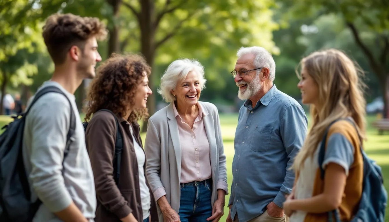Um grupo diverso de pessoas de diferentes idades está conversando animadamente, compartilhando experiências sobre saúde mental e qualidade de vida. A interação reflete um ambiente acolhedor, onde temas como depressão e bem-estar são discutidos de maneira aberta e compreensiva.