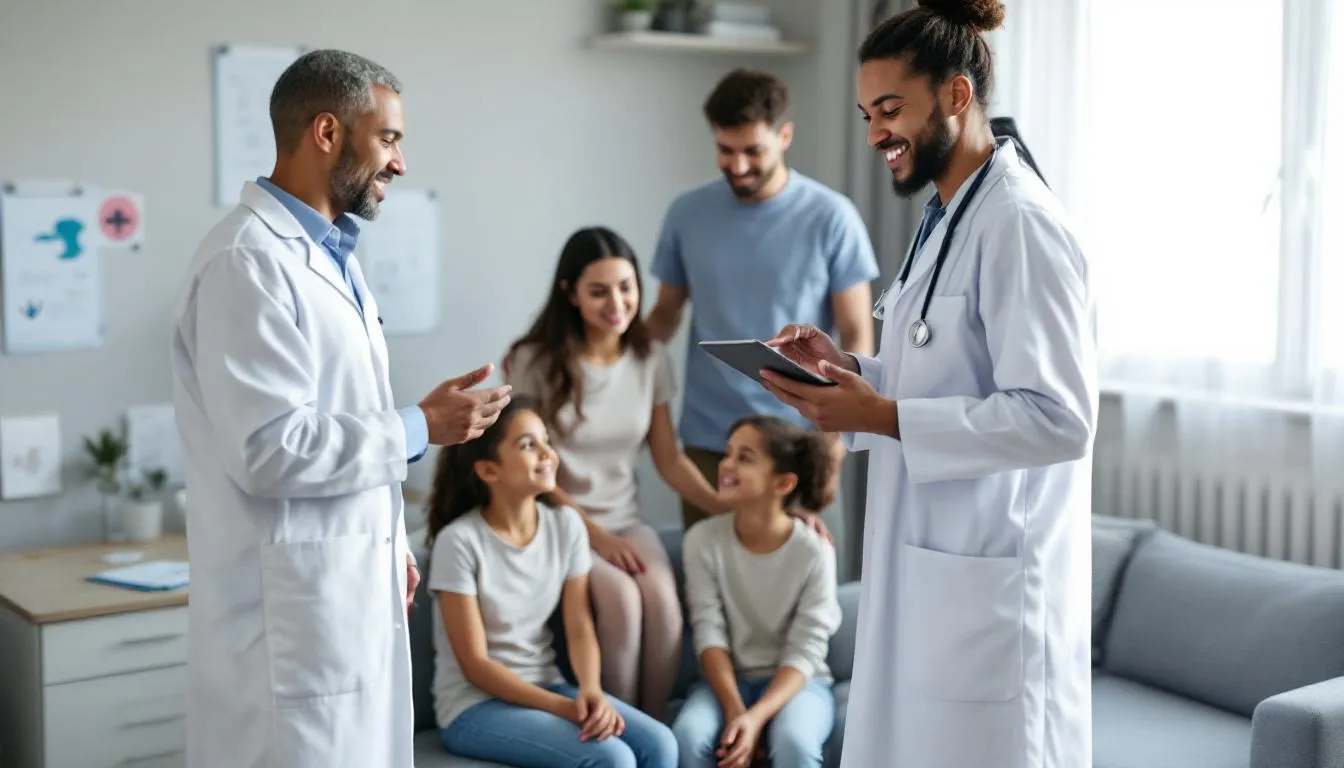 Uma família está em uma consulta médica, ouvindo atentamente um profissional de saúde que explica os diferentes tipos de TDAH e seus sintomas, como a hiperatividade e impulsividade. A conversa foca na importância do diagnóstico e no impacto dessas condições na qualidade de vida, especialmente em relação ao desenvolvimento de crianças e adultos.