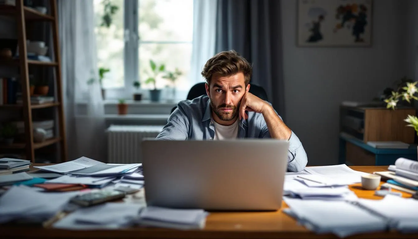 Um adulto está trabalhando em casa, cercado por papéis desorganizados e com uma expressão de confusão, refletindo as dificuldades de concentração e desatenção frequentemente associadas ao transtorno do déficit de atenção e hiperatividade (TDAH). A cena ilustra os desafios que muitos indivíduos enfrentam na vida adulta ao lidar com tarefas e a qualidade de vida, especialmente quando lidam com sintomas de hiperatividade e impulsividade.