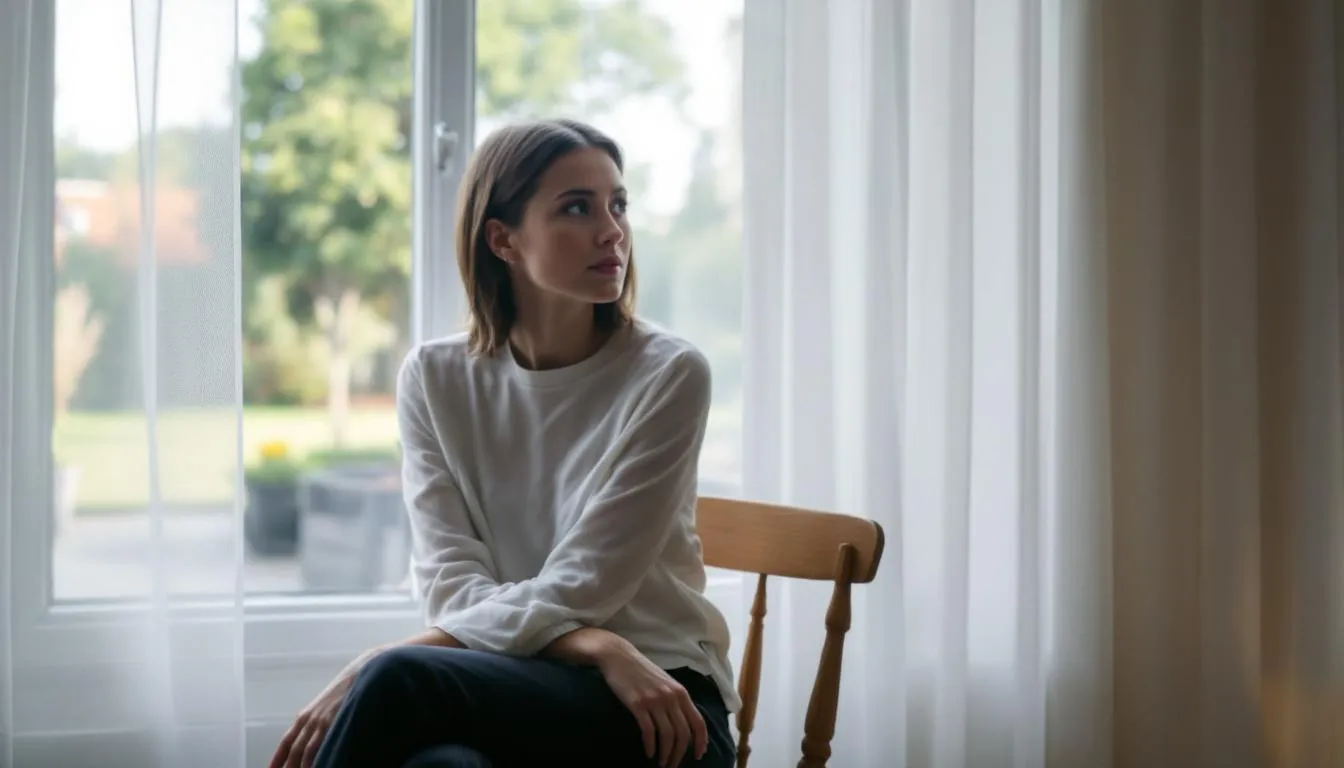Uma pessoa está olhando pensativa pela janela em um ambiente calmo, refletindo sobre a vida e os sentimentos, como a tristeza e a saúde mental. A cena transmite uma sensação de introspecção e a busca por compreensão em momentos de dificuldade emocional.