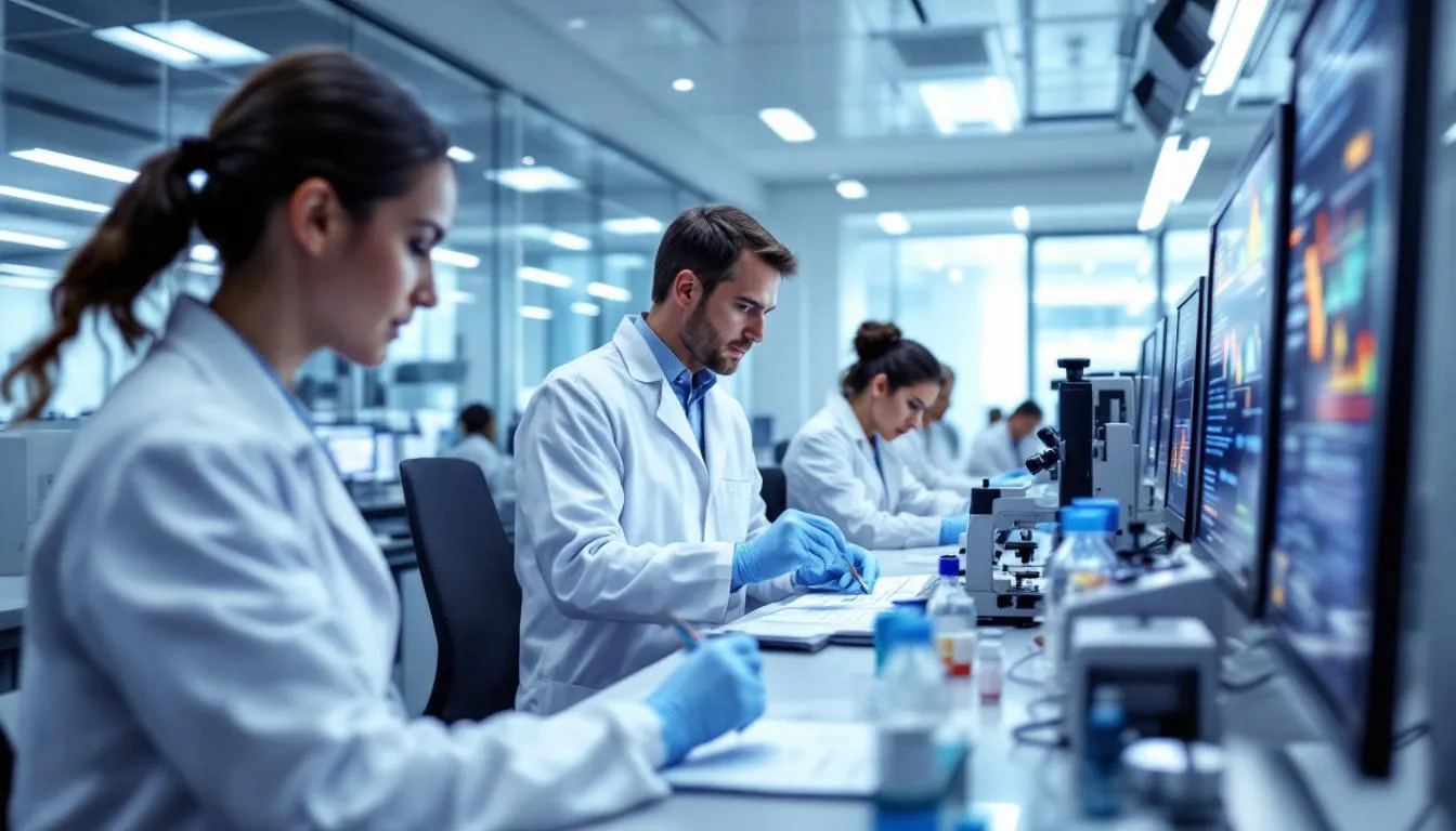 Um laboratório de pesquisa genética está em atividade, com cientistas analisando amostras de DNA em mesas equipadas com equipamentos sofisticados. A cena destaca a importância da pesquisa na compreensão de condições como o transtorno do déficit de atenção e hiperatividade (TDAH) e outras doenças neurológicas.