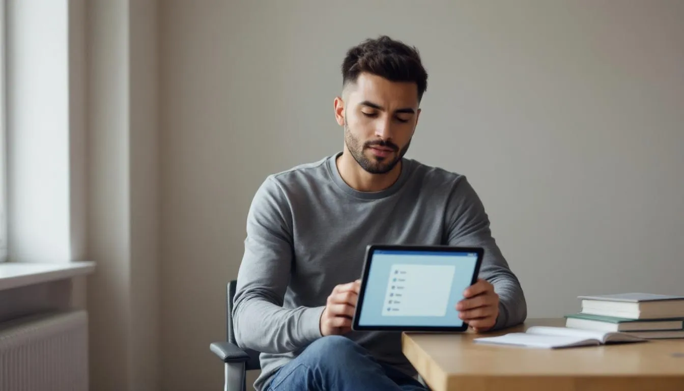 Uma pessoa está utilizando um tablet para realizar um teste online sobre saúde mental, possivelmente avaliando sintomas relacionados ao transtorno de ansiedade generalizada. A imagem retrata a interação do ser humano com a tecnologia, enquanto busca entender melhor sua qualidade de vida e bem-estar.