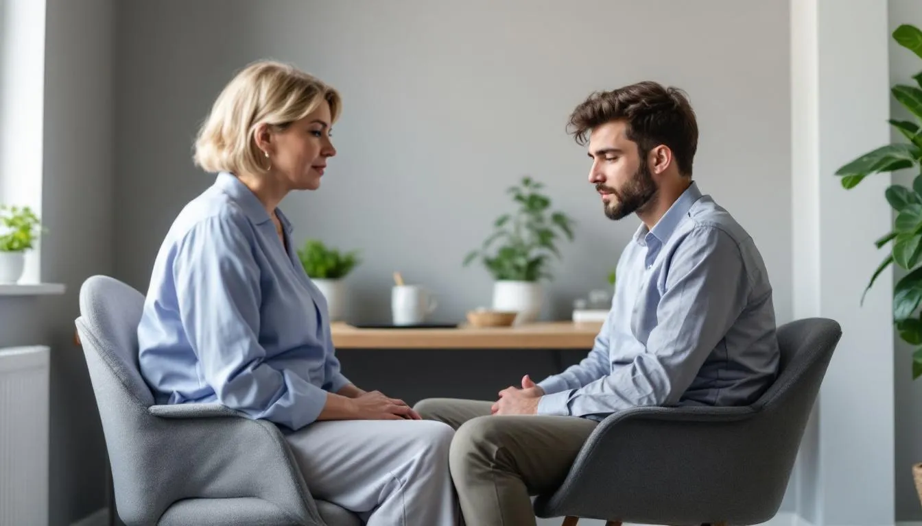 Um profissional de saúde mental, como um psicólogo ou psiquiatra, está em consulta com um paciente, discutindo sintomas relacionados ao transtorno de ansiedade generalizada, como falta de ar e tensão muscular, enquanto avaliam a qualidade de vida e as preocupações do paciente. A cena reflete um ambiente acolhedor e de apoio, onde são feitas perguntas para um diagnóstico preciso e um tratamento adequado.