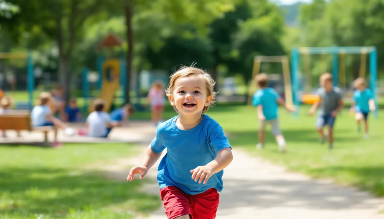 Uma criança está correndo animadamente em um playground, enquanto outras crianças brincam calmamente ao fundo. Essa cena reflete a energia e a hiperatividade que podem ser características de indivíduos com TDAH, destacando a importância de ambientes que promovem a qualidade de vida e o bem-estar na infância.