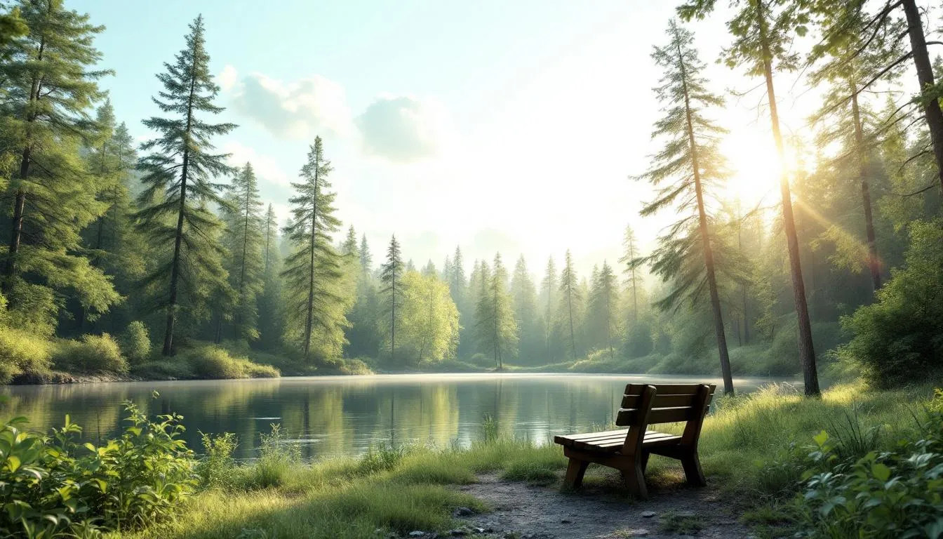 Um ambiente sereno, com árvores verdes e um lago calmo, simboliza paz mental e recuperação, ideal para quem enfrenta transtornos de ansiedade generalizada. A imagem evoca uma sensação de bem-estar e tranquilidade, promovendo a saúde mental e a qualidade de vida.