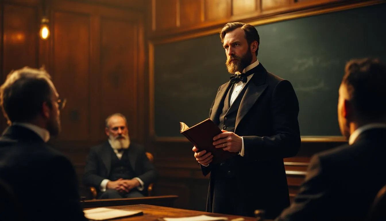 . Um médico vitoriano está apresentando casos clínicos para uma audiência de colegas, com um foco especial em condições como o transtorno do déficit de atenção e hiperatividade (TDAH). A cena retrata um ambiente formal, onde o médico discute diagnósticos e tratamentos, destacando a importância do controle moral e da atenção na saúde pública. .