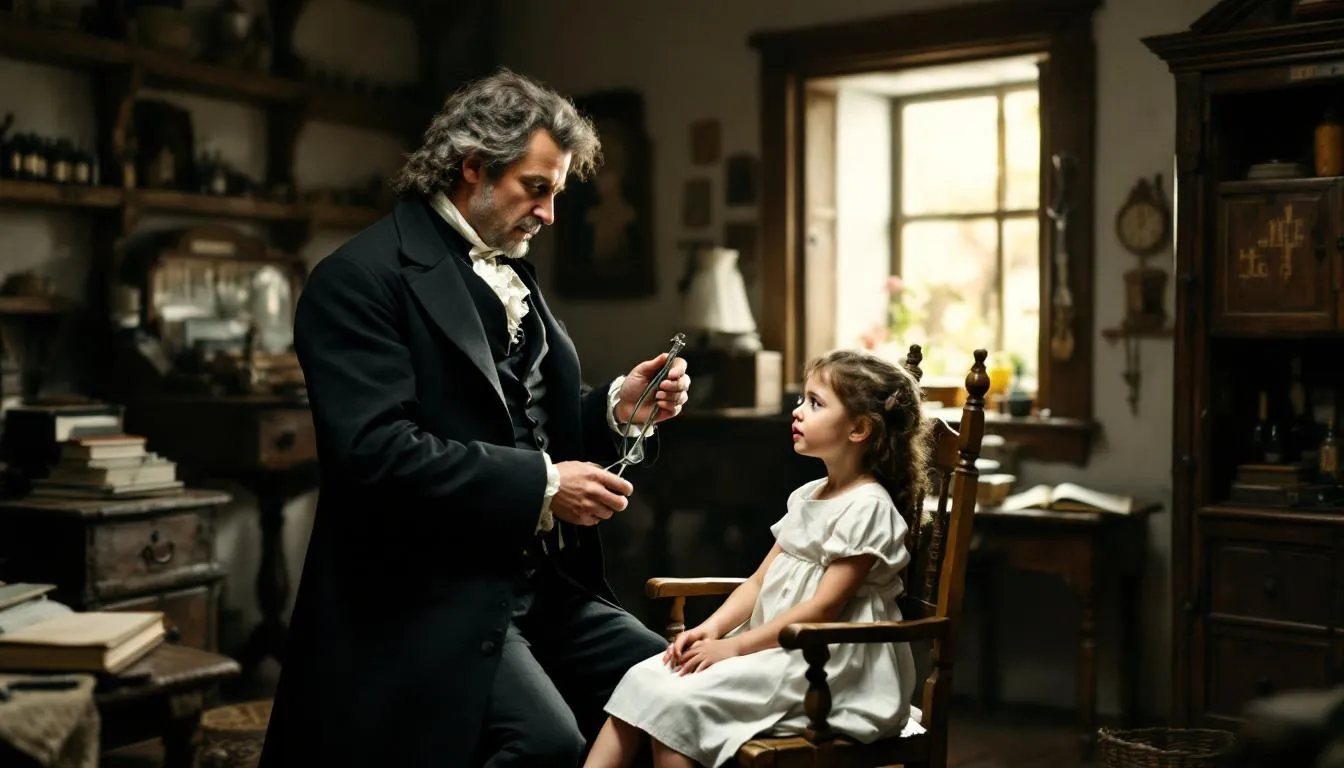 Um médico alemão do século XVIII, vestido com roupas históricas, está examinando uma criança em um consultório antigo, cercado por livros e instrumentos médicos da época. A cena reflete a busca por compreensão sobre condições como o transtorno do déficit de atenção e hiperatividade (TDAH) e a evolução da literatura médica relacionada a esse tema.